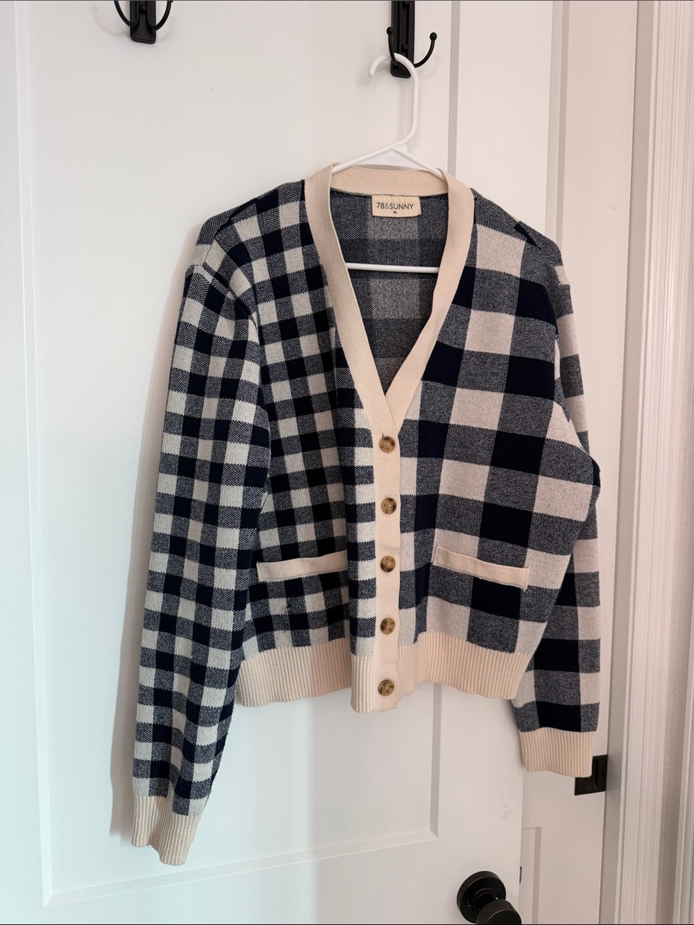 78&Sunny Cream and Navy Check V-Neck Cardigan